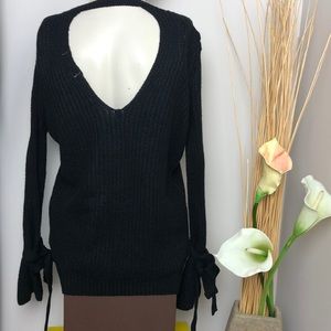 Another Story Black Tie-Cuff Knit Sweater Open Back Size M